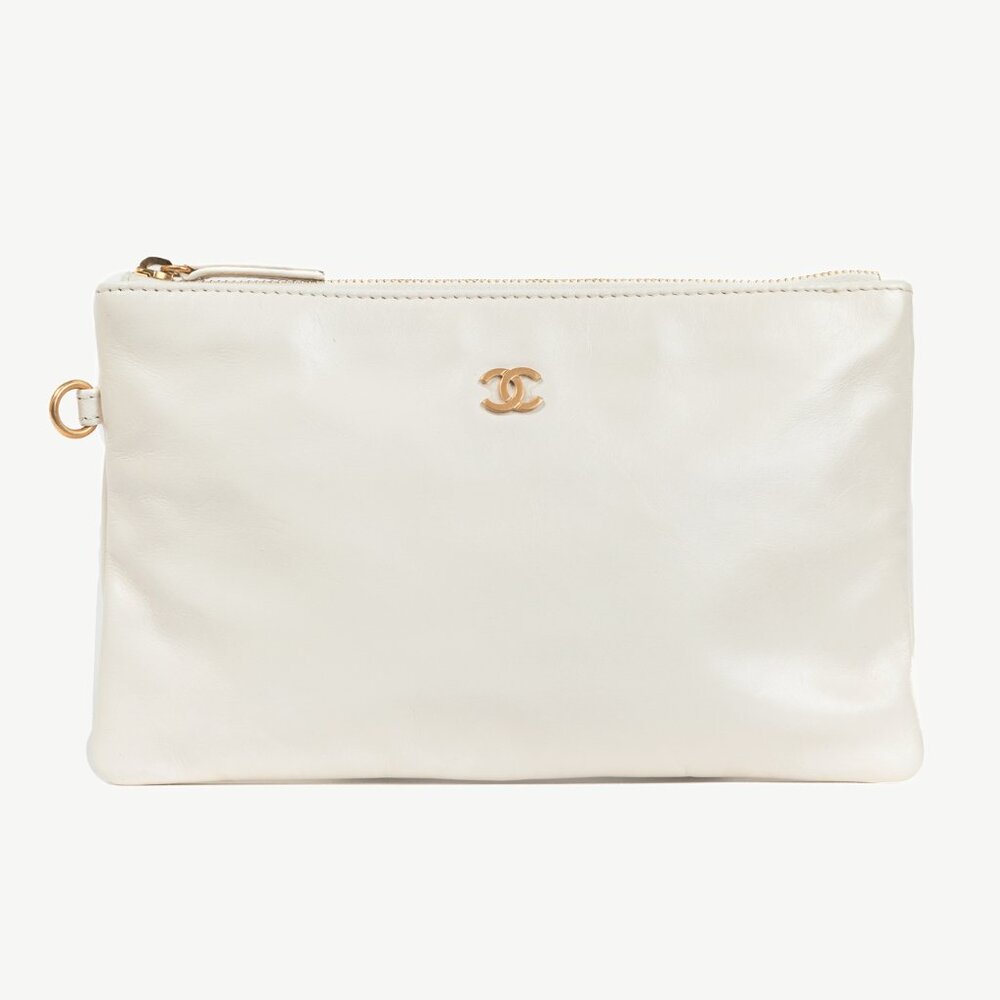 Chanel White Shiny Calfskin Logo Pouch